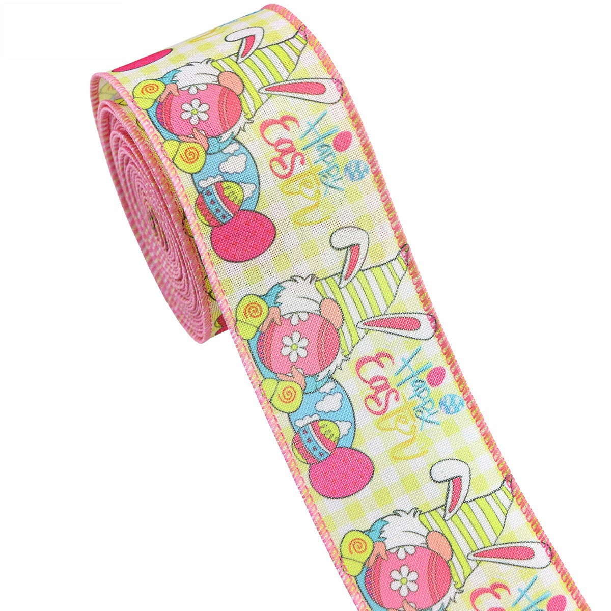 Pink wired Easter ribbon with bunny holding eggs and playful easter text accents