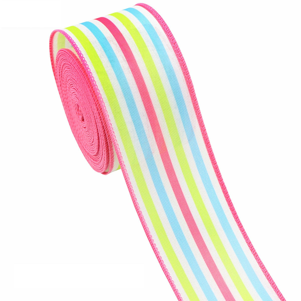 Pink wired Easter ribbon with multicolor vertical stripes
