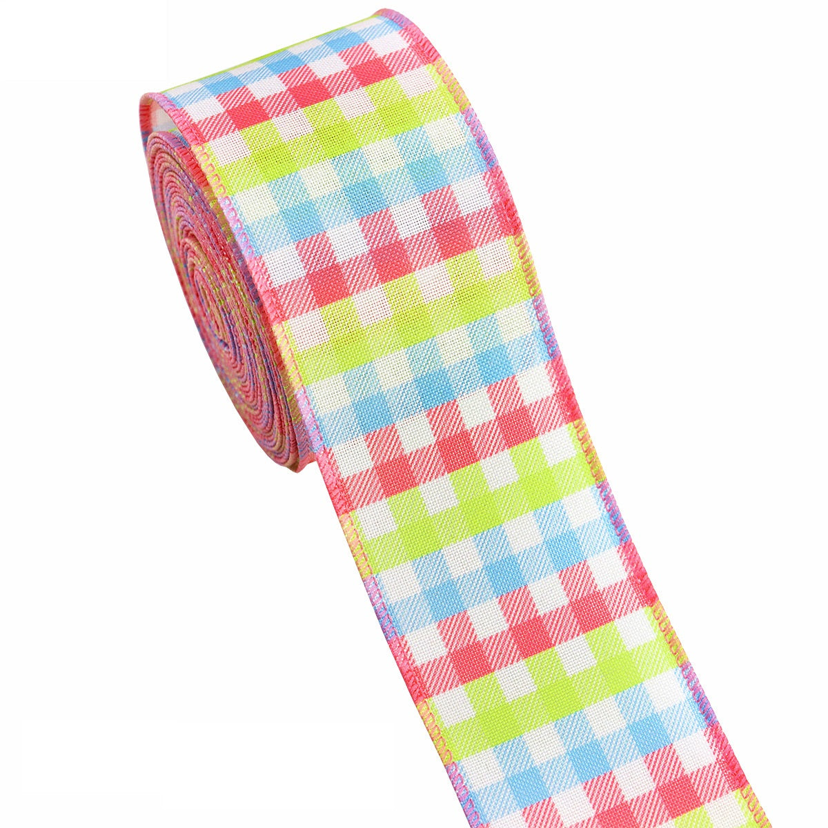 Pink wired Easter ribbon with colorful gingham check pattern