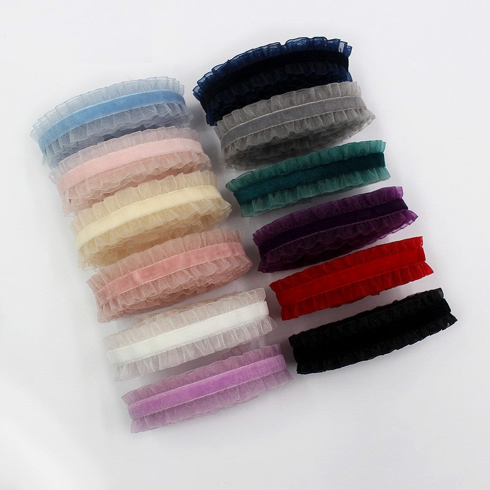 Colorful lace-edge elastic ribbon roll, pastel and dark mixed colors with ruffled edge