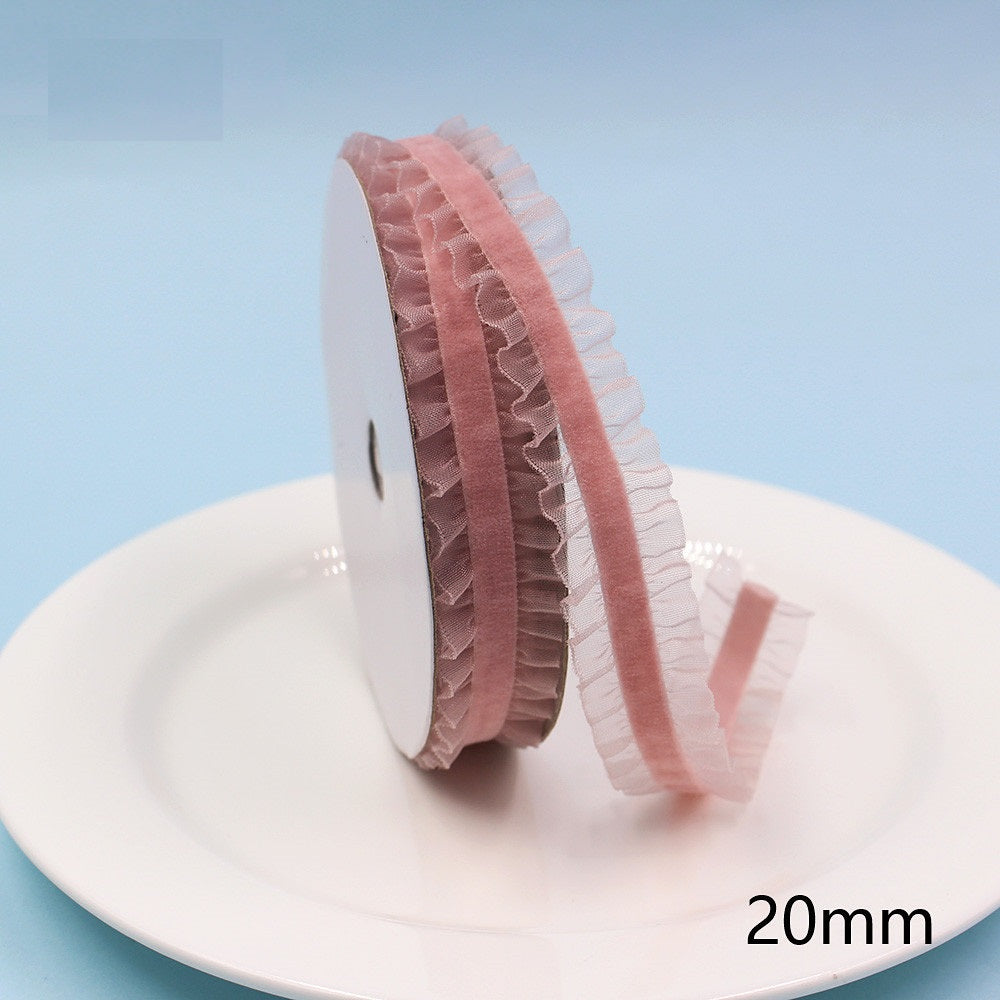 20mm pink lace-edge elastic ribbon, ruffled lace trim on a spool