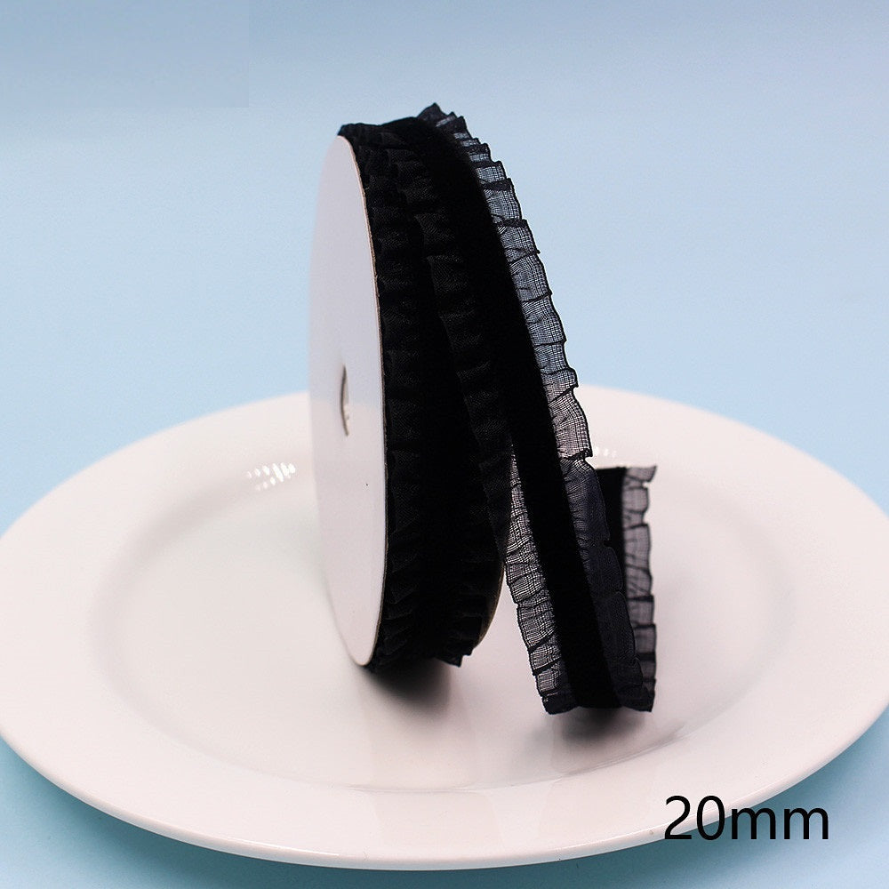 20mm black lace-edge elastic ribbon, ruffled lace trim on a spool