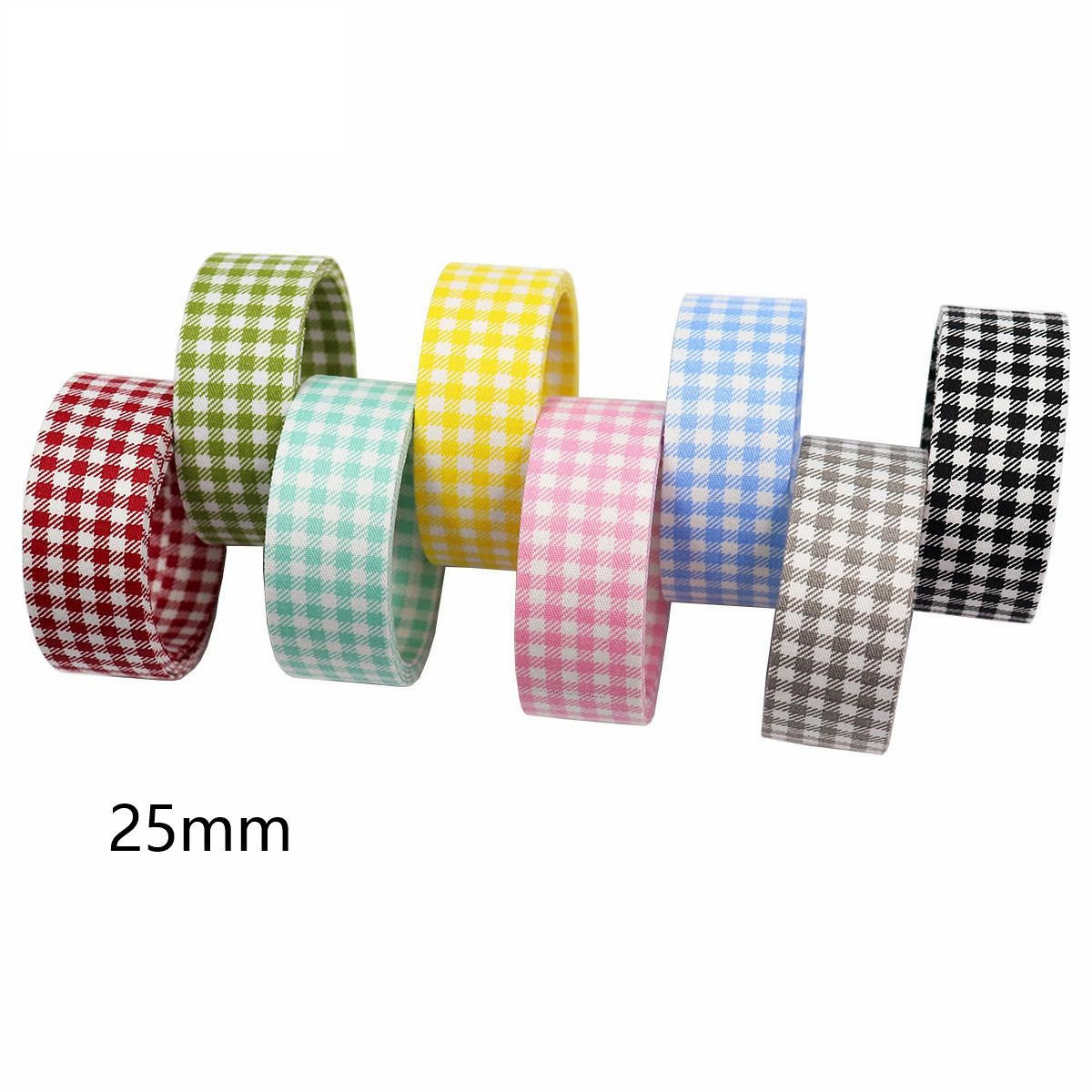 25mm checkered handmade bow ribbon set in assorted colors, folded