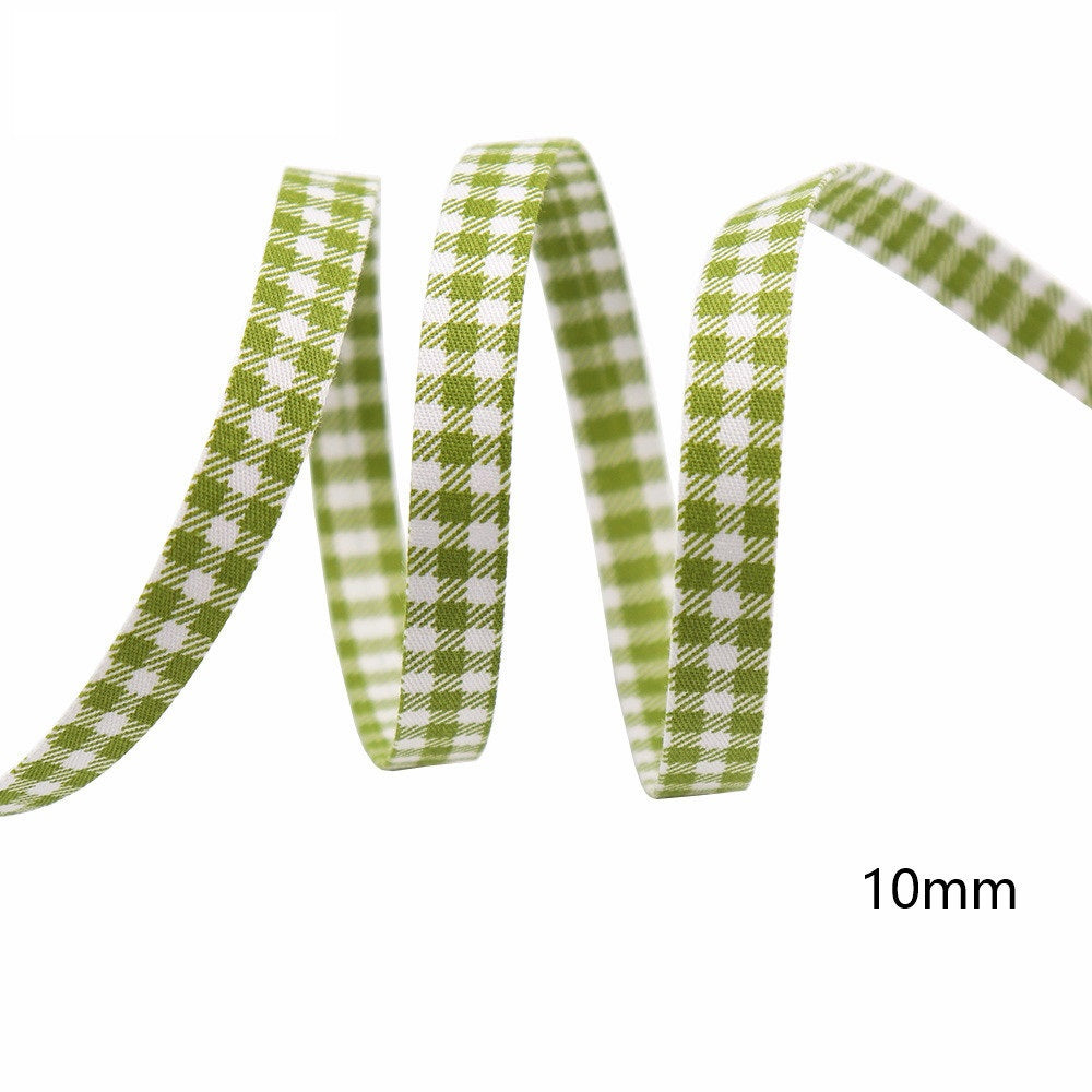 10mm checkered handmade bow ribbon, green gingham style loop