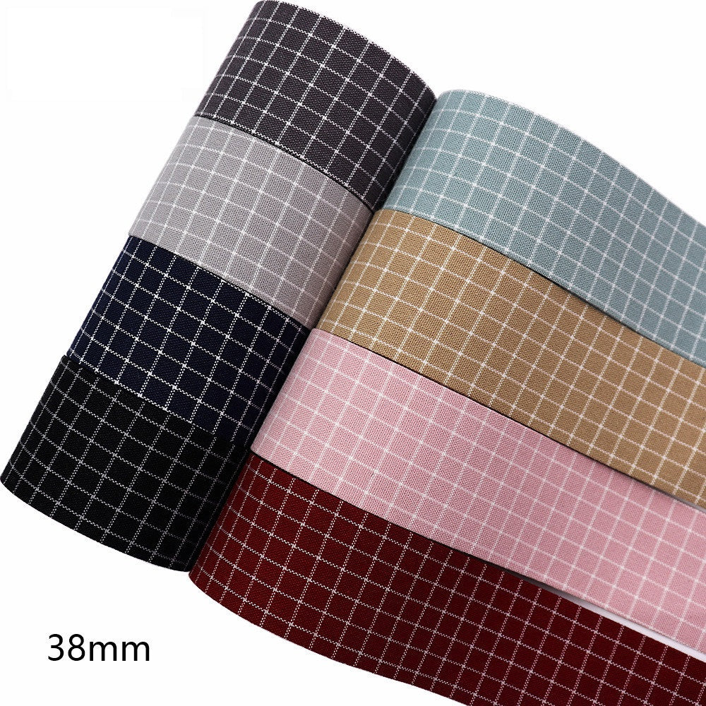 38mm plaid cotton square patch ribbon rolls in dark navy, gray, pink, and red