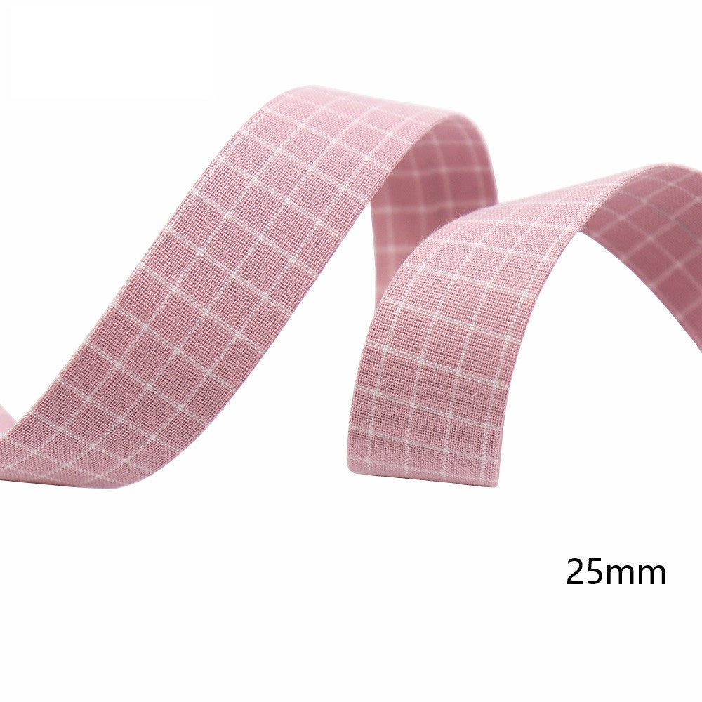 25mm pink plaid cotton square patch ribbon roll