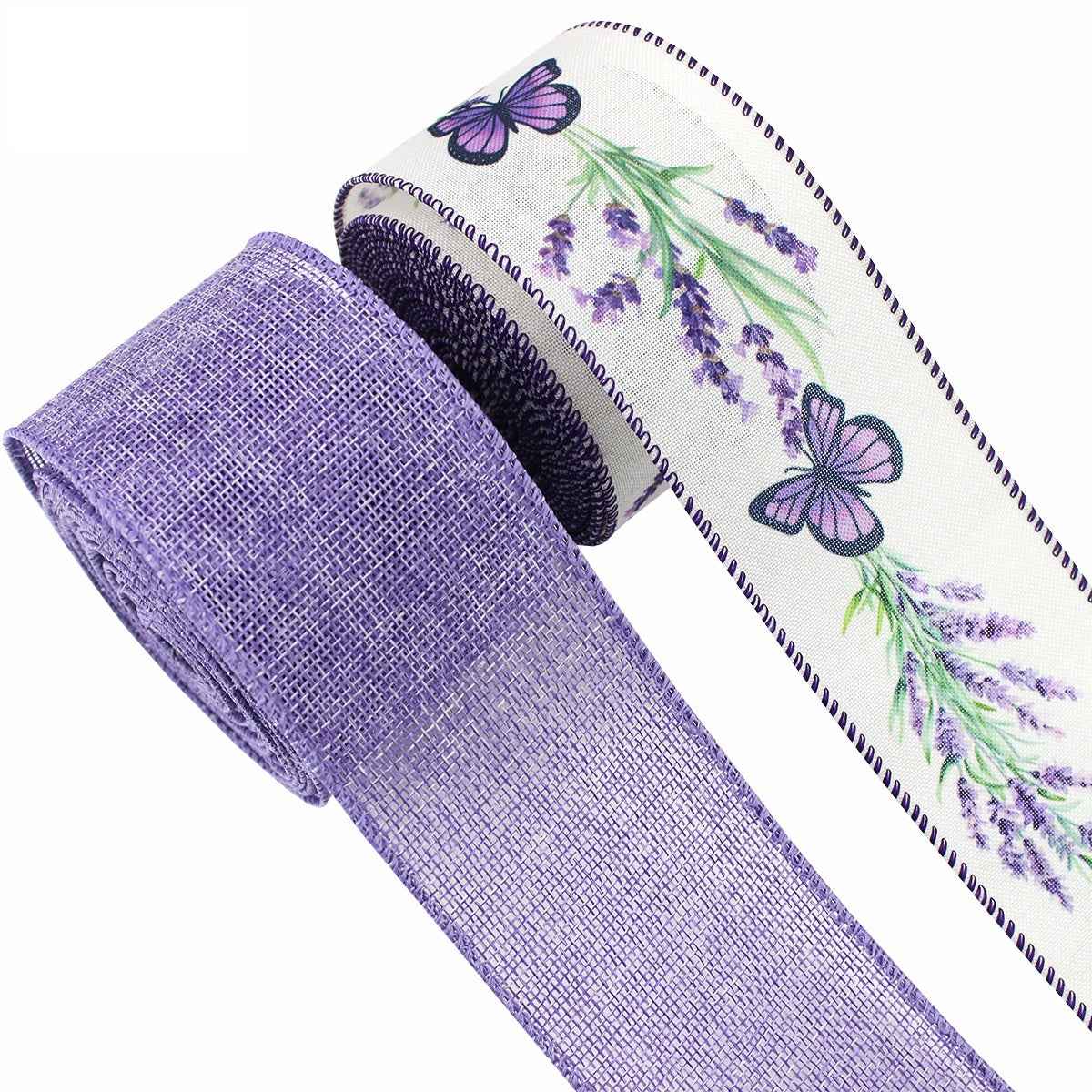 Lavender wired ribbon with butterfly and wildflower print, 2.5 in wide