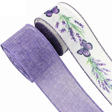 Lavender wired ribbon with butterfly and wildflower print, 2.5 in wide