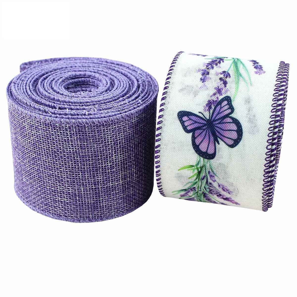 Two rolled ribbons: purple woven band and white butterfly-floral wired ribbon, 2.5 in