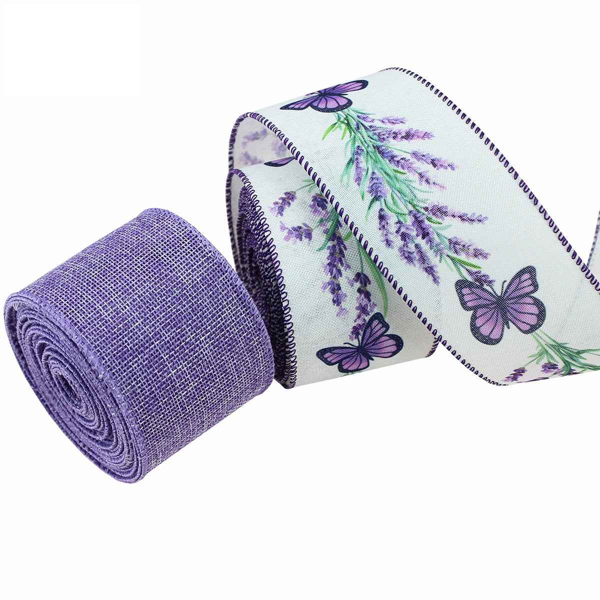 Purple wired ribbon roll with white butterfly-floral ribbon and scalloped edges