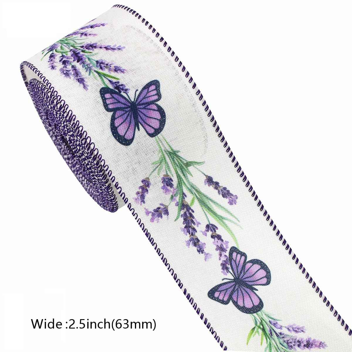 White butterfly-floral wired ribbon edge, width 2.5 inch (63mm)