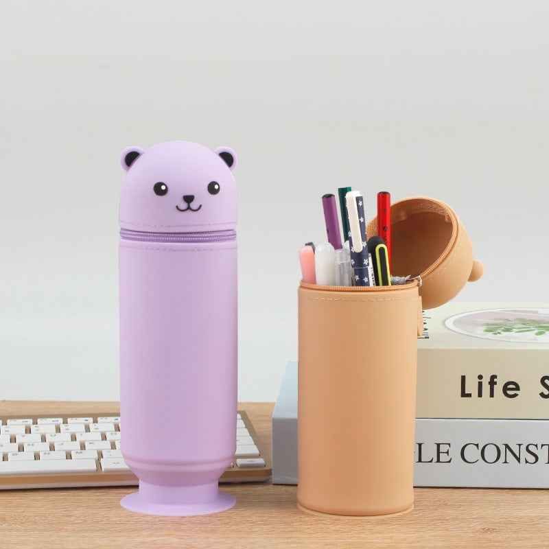 Cartoon Bear Silicone Pencil Case Pen Holder with Suction Cup Stand-Up