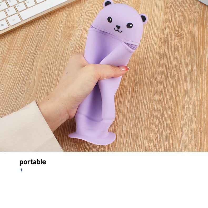 Cartoon Bear Silicone Pencil Case Pen Holder with Suction Cup Stand-Up