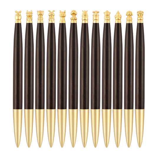 Brass Chinese Zodiac Lucky Sandalwood Gel Pen | 0.5mm Black Ink | Set of 12 Black