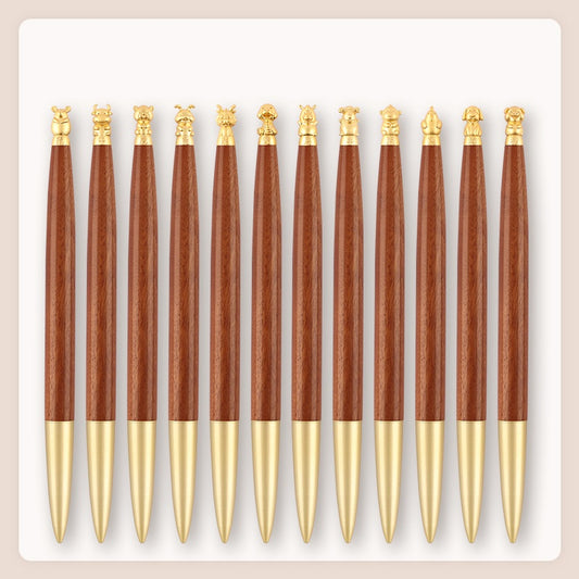 Brass Chinese Zodiac Lucky Sandalwood Gel Pen | 0.5mm Black Ink | Set of 12 Brown
