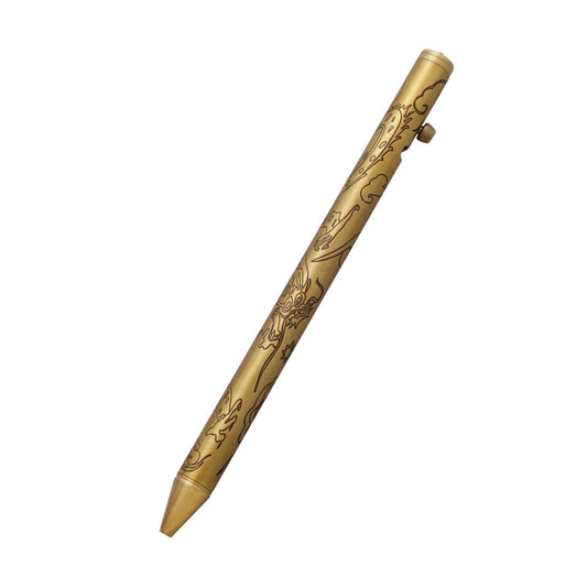 Vintage Engraved Brass Bolt-Action Tactical Pen | Glass Breaker | 42g | 14.3cm