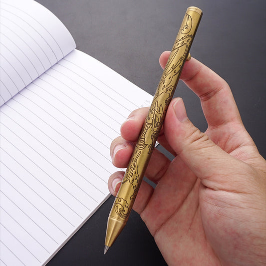 Vintage Engraved Brass Bolt-Action Tactical Pen | Glass Breaker | 42g | 14.3cm