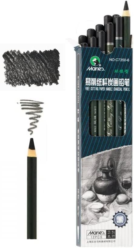 Marie's 12 Artist Soft Black Paper Handle Charcoal Pencils for Drawing Sketching