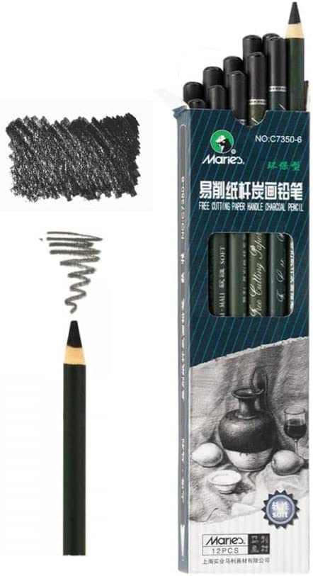 Marie's 12 Artist Soft Black Paper Handle Charcoal Pencils for Drawing Sketching