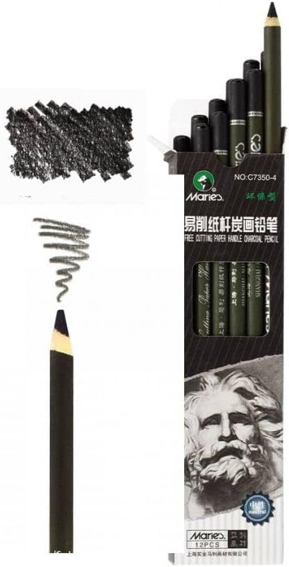 Marie's 12 Artist Soft Black Paper Handle Charcoal Pencils for Drawing Sketching