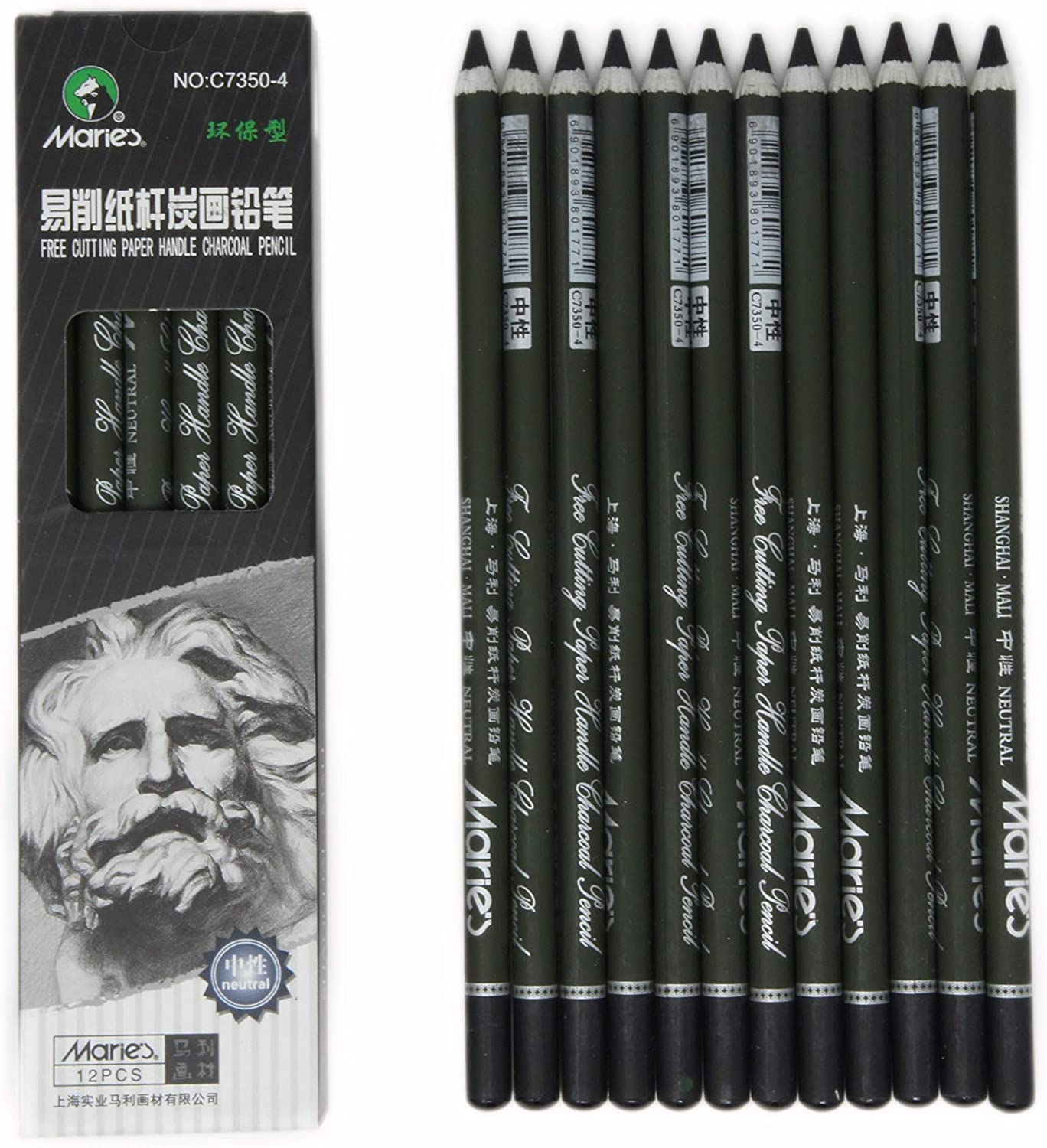 Marie's 12 Artist Soft Black Paper Handle Charcoal Pencils for Drawing Sketching