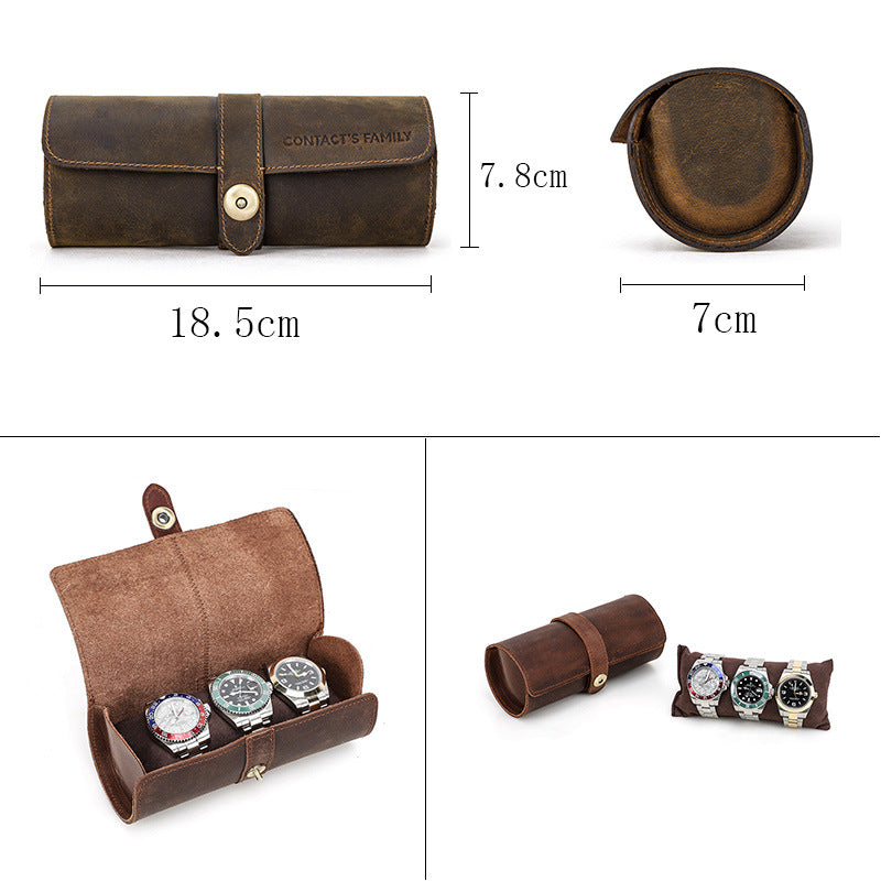 Genuine Leather Travel 3 Watch Case Roll Organizer