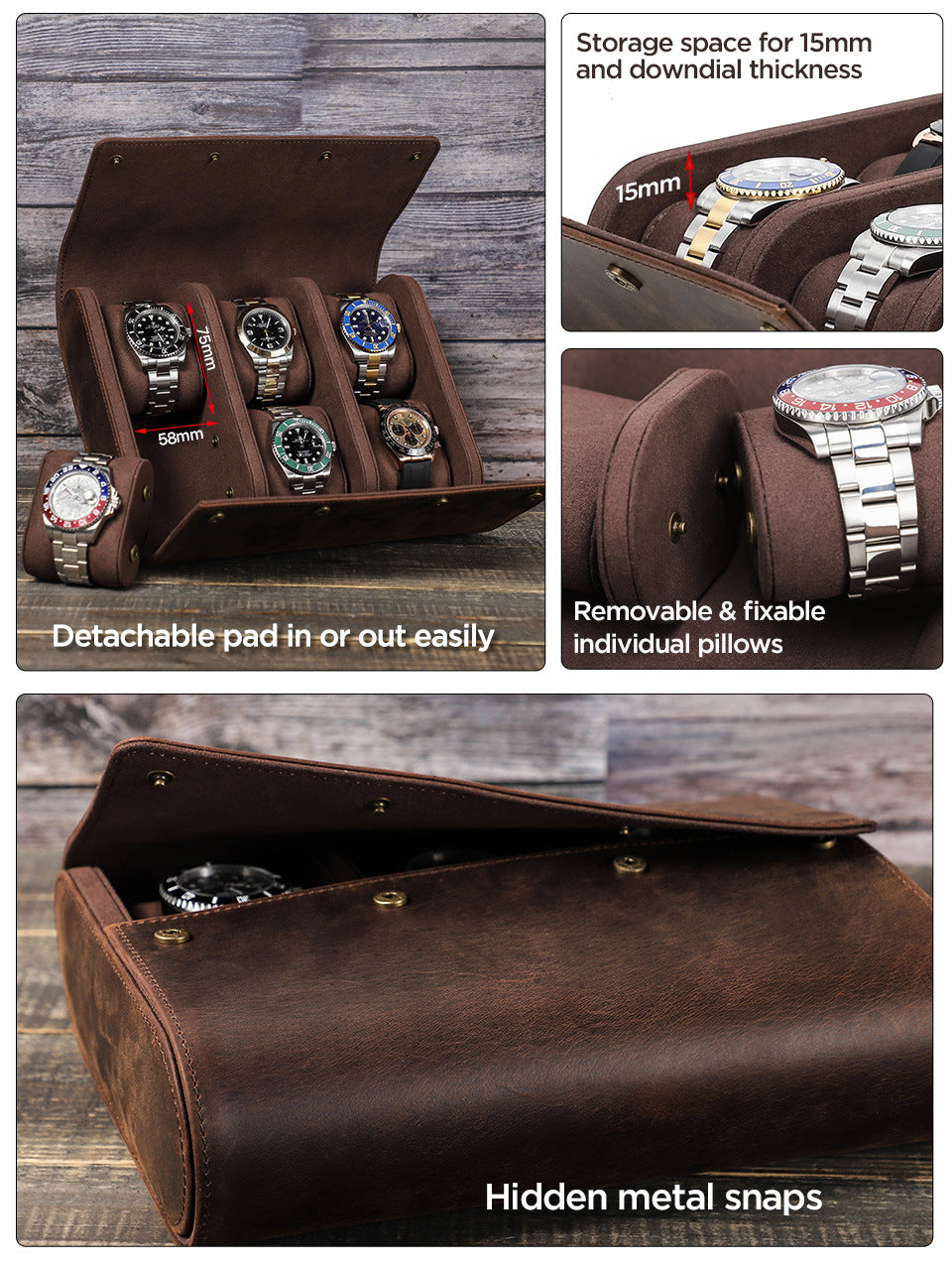 Leather Watch Roll Case 6 Slots Storage Box