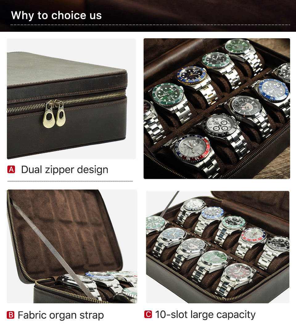 Leather 10 Slots Watch Case Zippered Storage Box for Travel Display