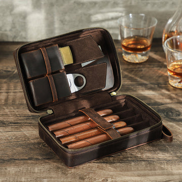 Leather Cigar Case Travel Humidor for 4 Cigars Storage Box