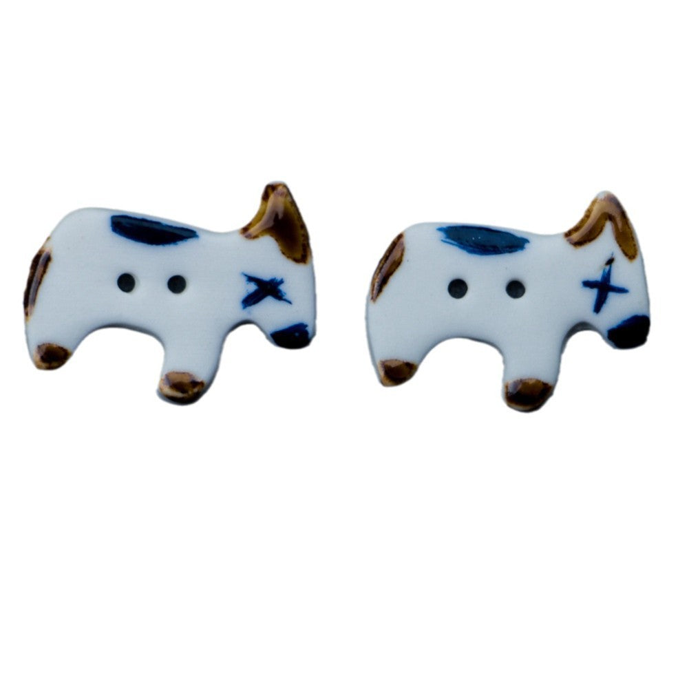 Handmade ceramic dog-shaped buttons, 2 holes, white with blue accents (4 pcs)
