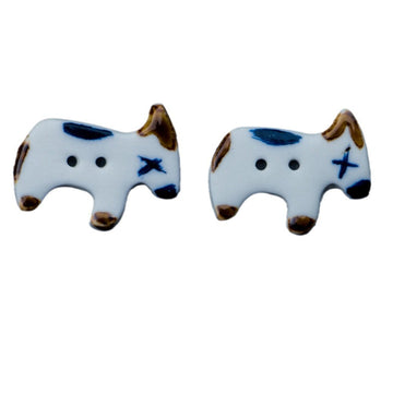 Handmade ceramic dog-shaped buttons, 2 holes, white with blue accents (4 pcs)