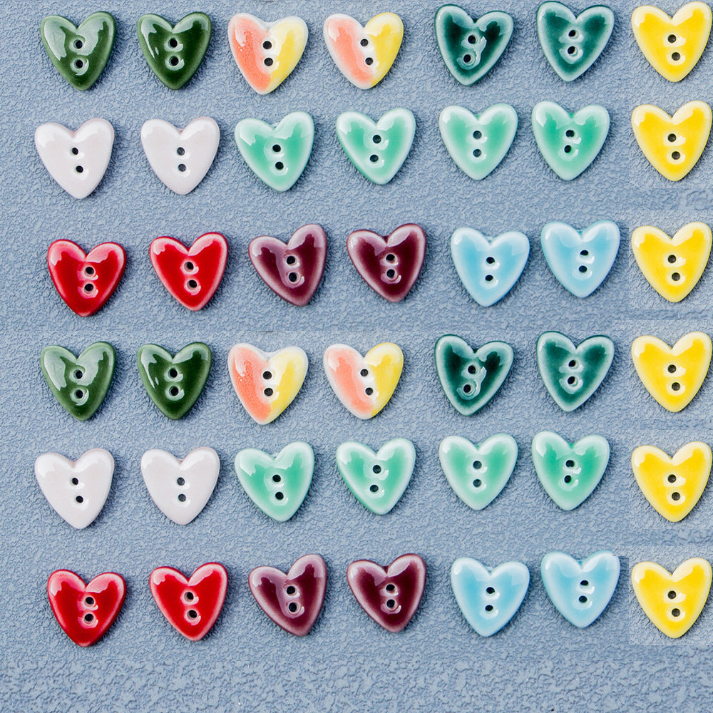 Tiny heart-shaped 2-hole ceramic buttons set, mixed colors with white button backs