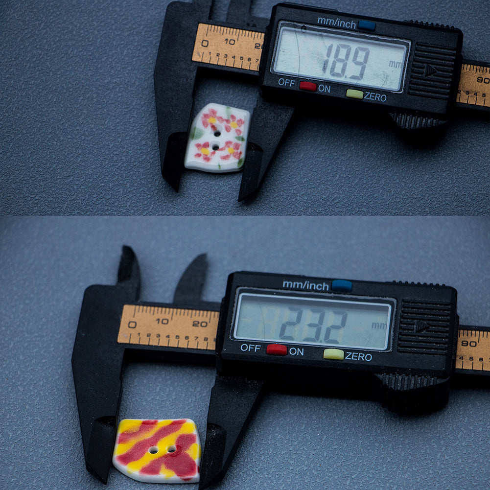 Trapezoidal ceramic button with hand-painted flame ice-cream, 2 holes, with caliper