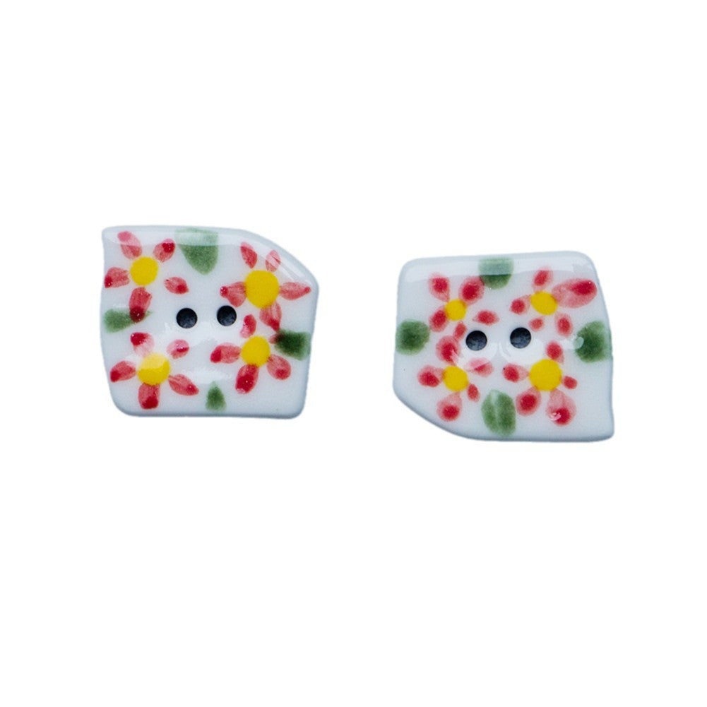 Pair of trapezoidal ceramic buttons with hand-painted flower pattern, 2 holes