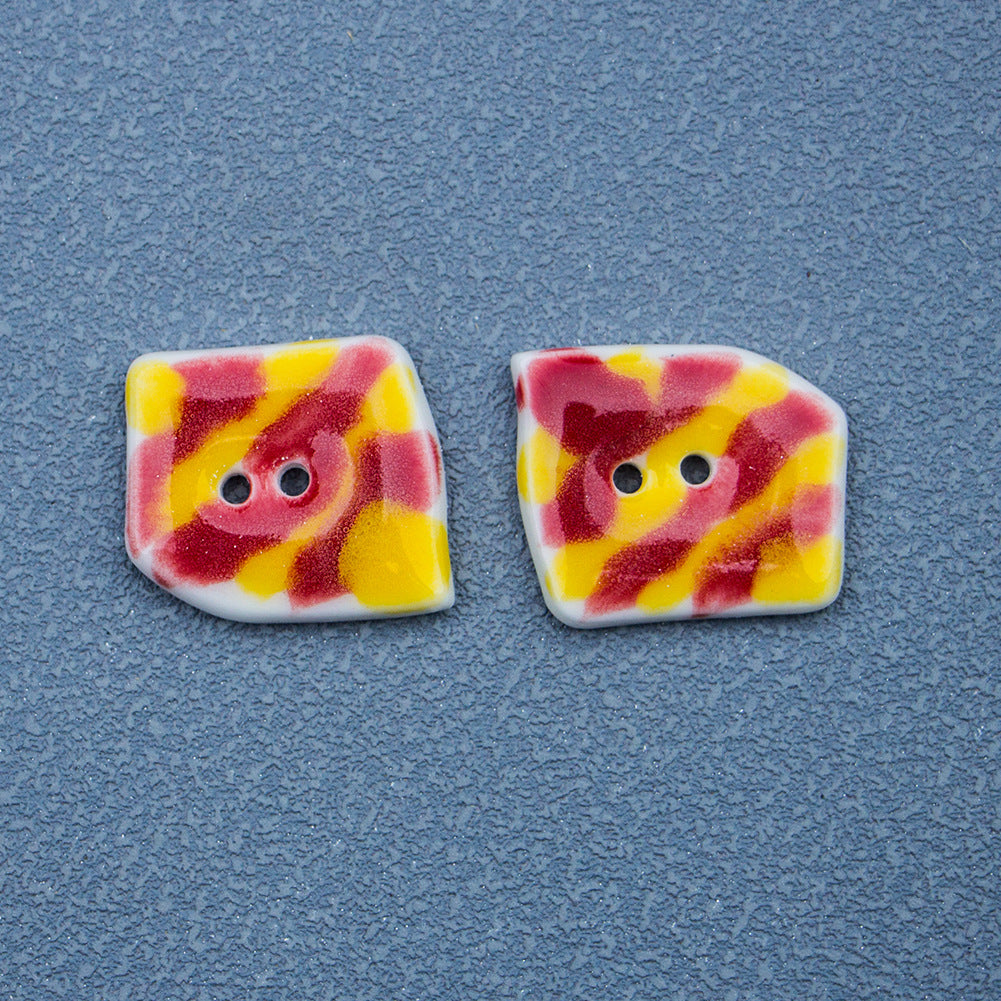 Trapezoidal ceramic buttons with hand-painted flame ice-cream, yellow-red swirls, 2 holes
