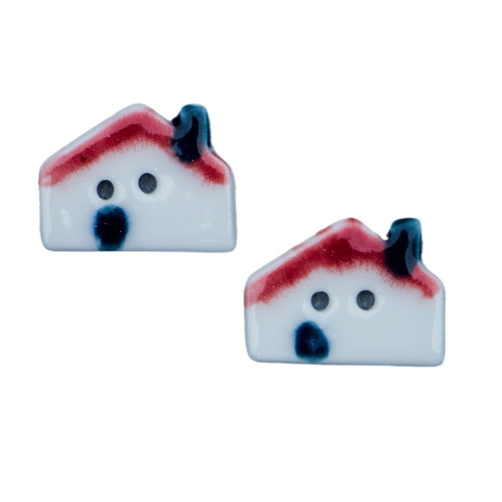 Botones cerámicos en forma de casita, techo rojo y base blanca, 2 agujeros.