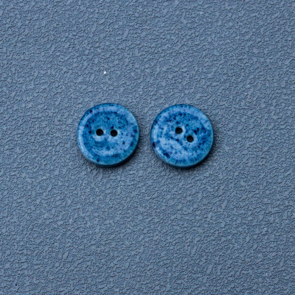 Deep blue round ceramic buttons with two holes (pair shown)