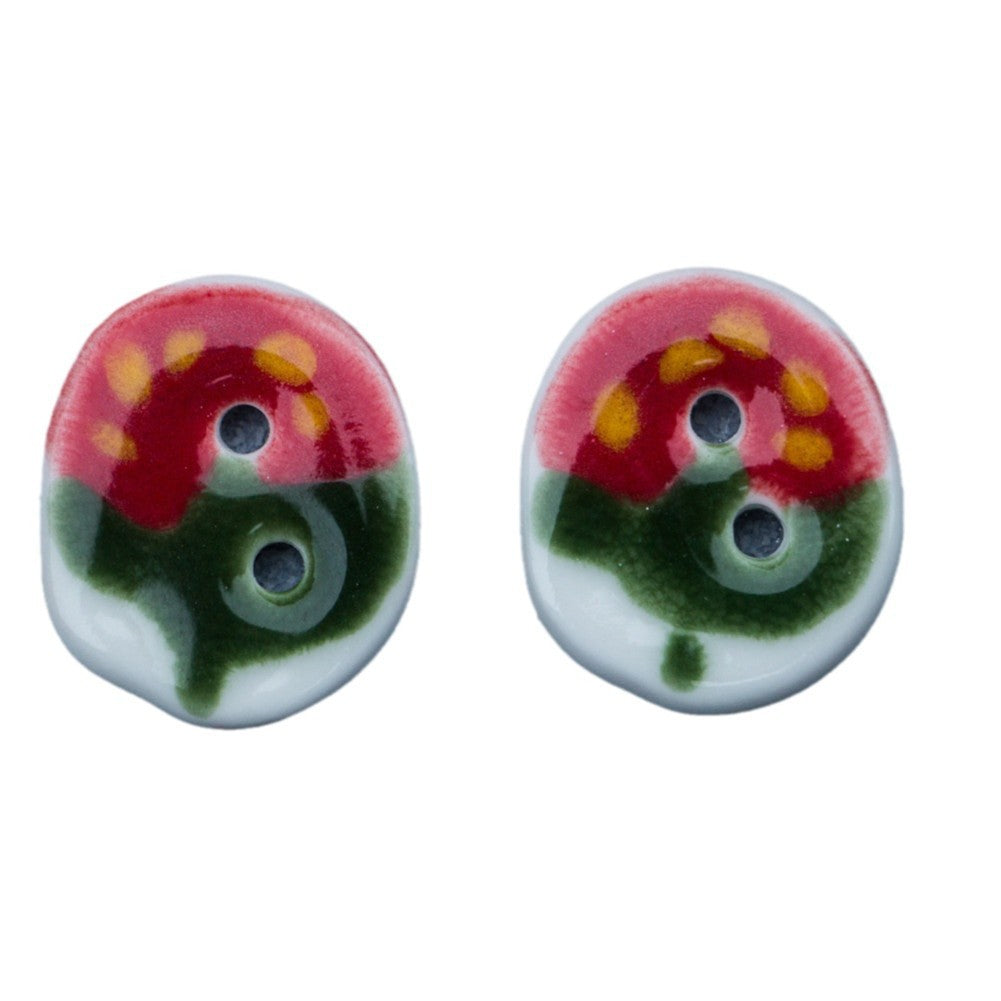 Oval ceramic buttons, red-green strawberry pattern, visible two button holes (4-pack)