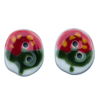 Oval ceramic buttons, red-green strawberry pattern, visible two button holes (4-pack)