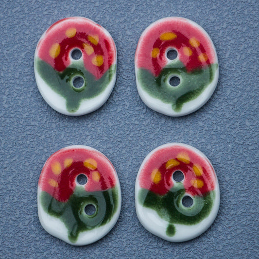 23mm Oval Handmade DIY Ceramic Buttons with Red Green Strawberry Pattern 4pcs