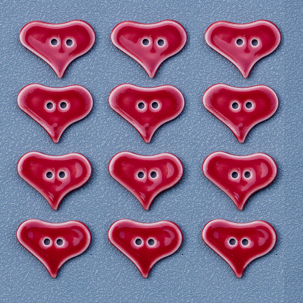 Group of red heart ceramic buttons with two-hole faces (6 pcs)