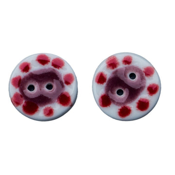 Handmade round ceramic buttons with red-dotted pig design; 2 holes