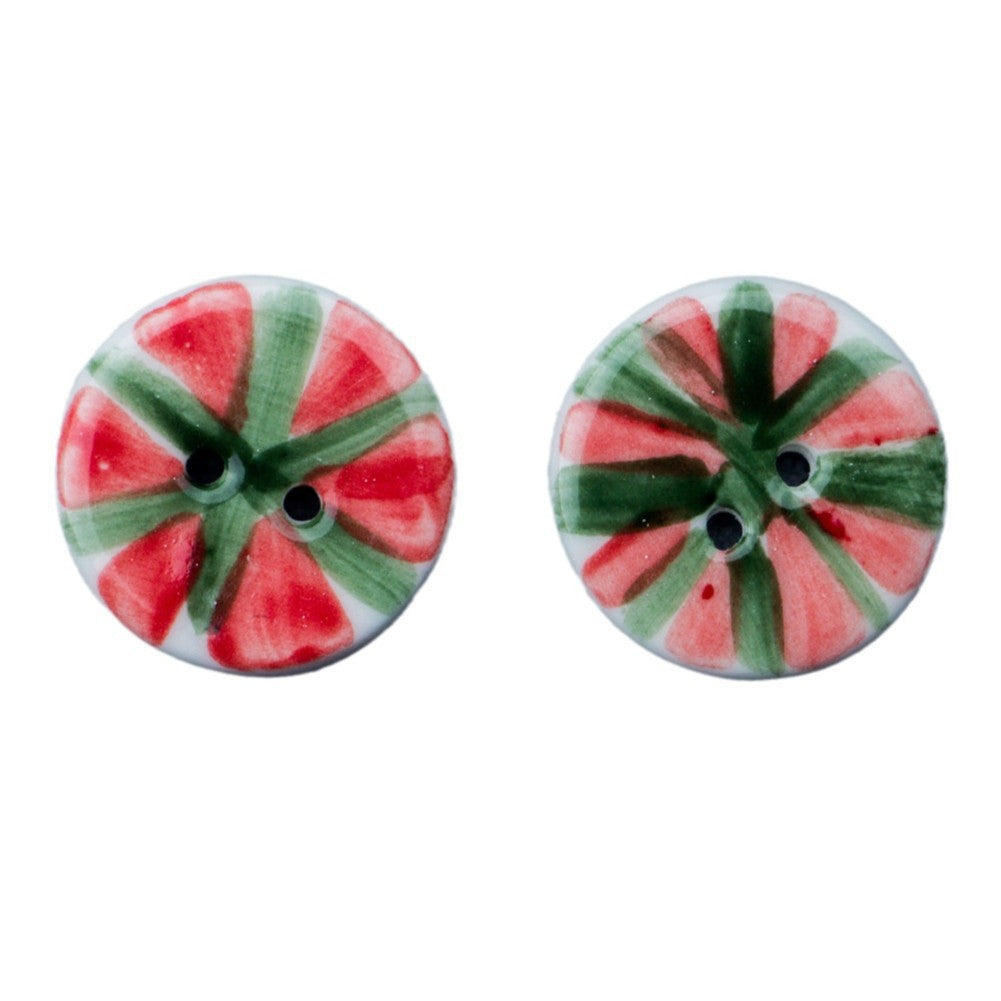 20mm Watermelon ceramic button, red-and-green round with two holes