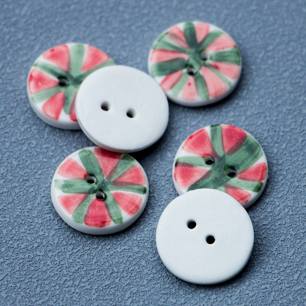 Ceramic button mix: red-and-green watermelon fronts and plain white two-hole backs