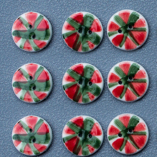 20mm Red and Green Vintage Round Watermelon 2 Hole Ceramic Buttons 10pcs