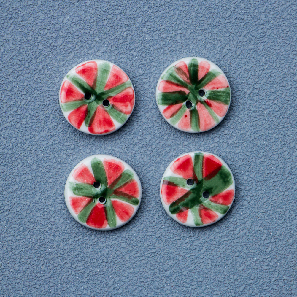 Red-and-green watermelon round ceramic buttons with two holes, 4 shown