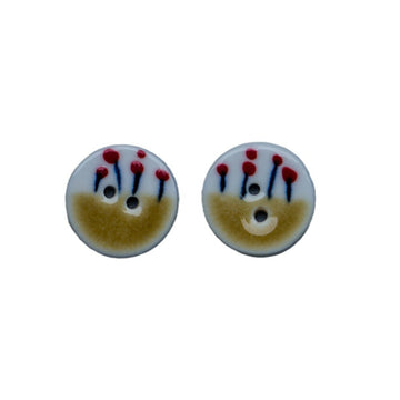 Tea yellow round ceramic button, 2 holes, red floral stem pattern