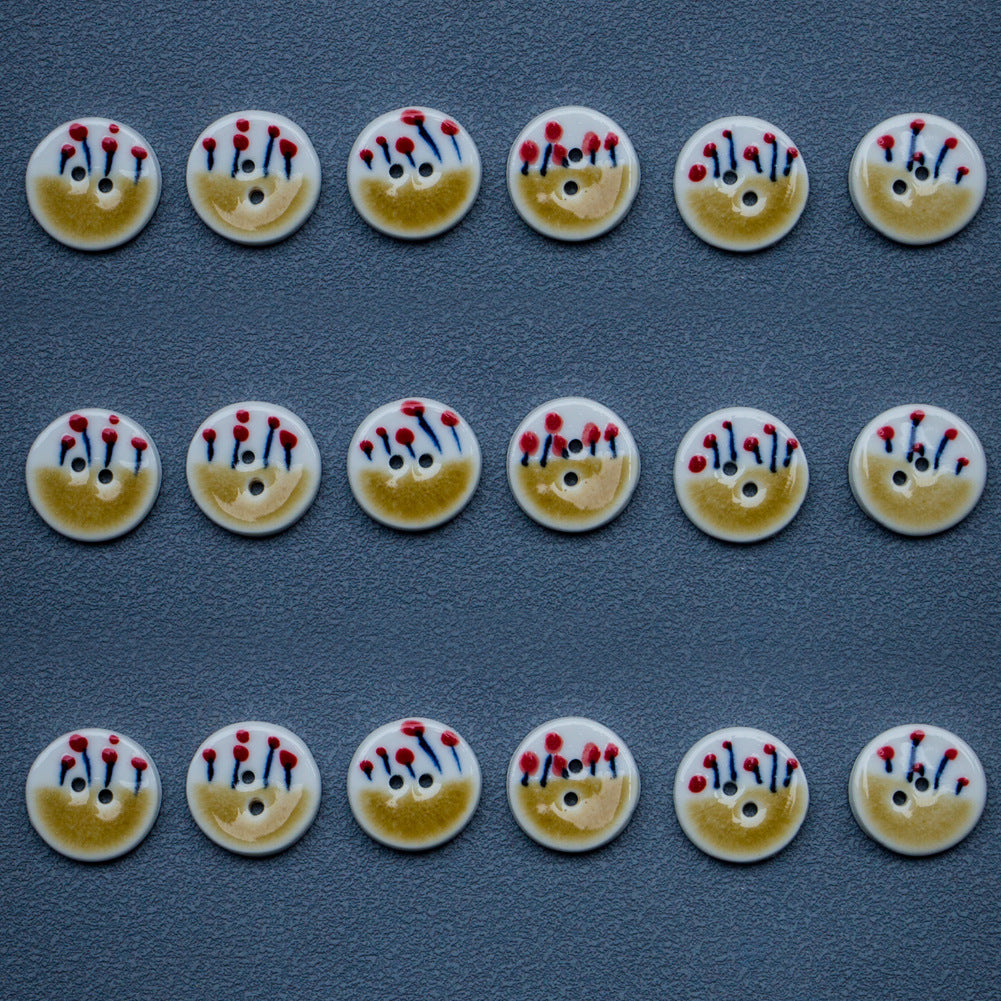 Multiple tea yellow round ceramic buttons, 2 holes, small red flower motif