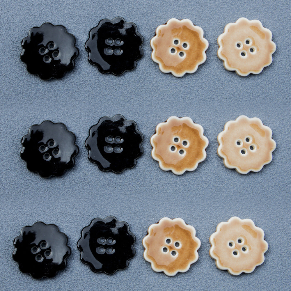 30mm handmade ceramic buttons, round with lace edge, black and khaki set of 6