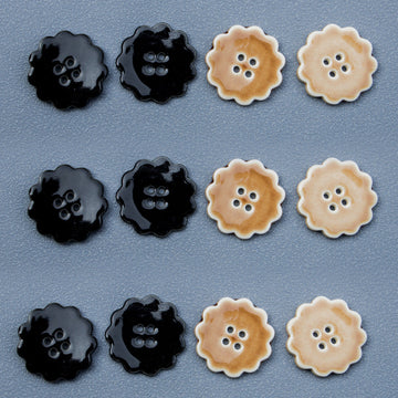 30mm handmade ceramic buttons, round with lace edge, black and khaki set of 6